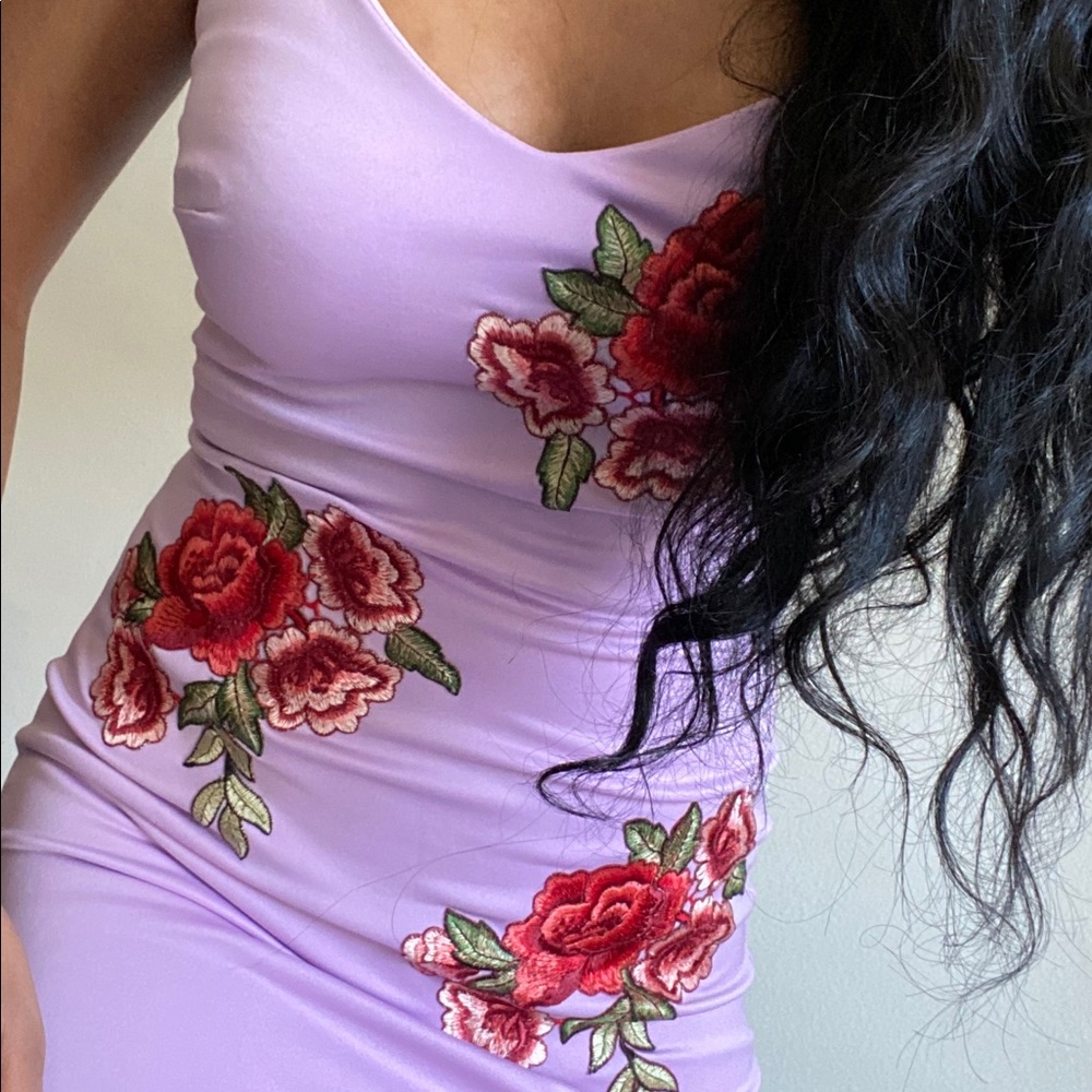 Purple embroidered bodycon dress